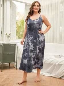 Plus size tie dye camisole sleep dress detail view, comfortable loungewear nightwear for women.