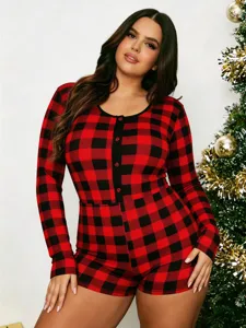 Talla grande mameluco a cuadros rojos y negros manga larga detalle ropa de dormir mujer