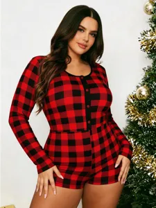 Talla grande mujer mono cuadros rojo negro manga larga pijama navidad loungewear
