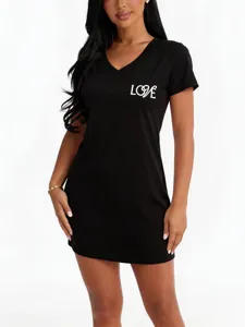 Été femmes manches courtes col en V noir chemise de nuit pyjama décontracté.