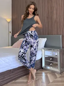 Damen Pyjama Set mit blumenmuster ärmelloses Tanktop und lange Hosen Freizeit Homewear.