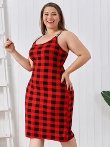 Plus size red black plaid slip nightgown for women summer comfortable home wear dress sleepwear