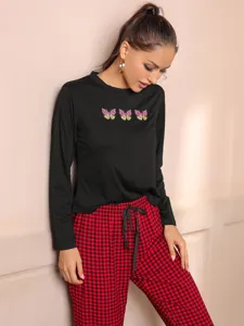 Women fall winter long sleeve pajama set black top red plaid trousers with cute butterfly prints.