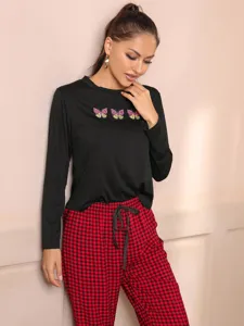 Women's long sleeve pajama set black top with cute butterfly print and plaid pants loungewear