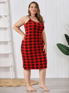 Plus size red black plaid camisole sleep dress for women comfortable nightwear summer lounge