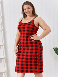 Plus size red black plaid cami nightgown for women summer sexy sleepwear comfy loungewear