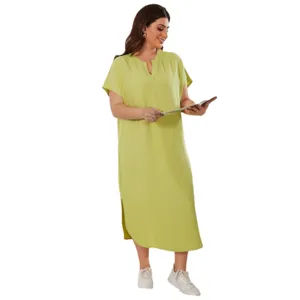 Φόρεμα casual plus size κοντομάνικο γυναικείο καλοκαίρι λαιμόκοψη V μονόχρωμο midi