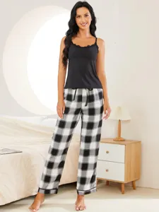 Women summer camisole pajama set black top and plaid lounge pants soft sleepwear for home.