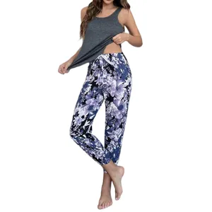 Damen Sommer Pyjama Set Trägershirt und florale Freizeithose Hausbekleidung Nachtwäsche
