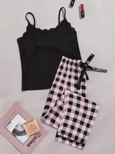 Women summer pajama set black camisole pink plaid pants casual sleepwear nightwear