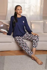 Comfortable long sleeve lounge set with floral pants, cozy homewear detail view for women.