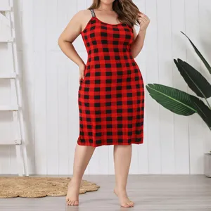 Women Plus Size Red Black Plaid Sleeveless Spaghetti Strap Sleep Dress Casual Loose Summer Nightgown Sleepwear