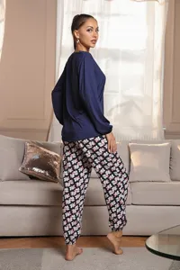 Detailed view of women's autumn winter long sleeve floral pajama set comfortable homewear.
