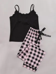 Women summer fashion camisole pajama set pink plaid long pants two piece sleepwear.