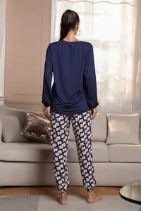 Women's long sleeve sleepwear set with floral pants autumn winter loungewear pajamas