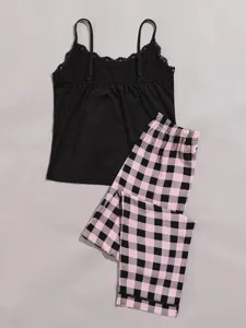 Women summer pajama set black camisole top and pink plaid pants sleepwear lounge wear