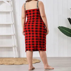 Plus size red and black plaid slip nightgown for women, comfortable summer sleepwear.