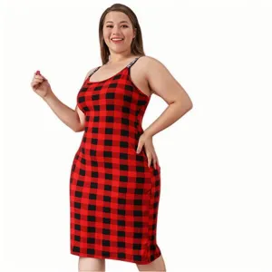 Plus size red and black plaid slip dress women summer sexy nightgown comfortable sleepwear home wear.