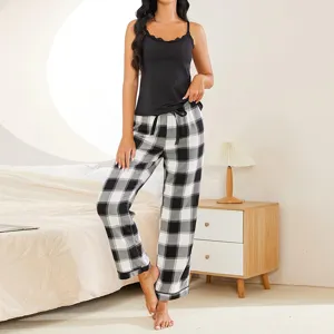Women Summer Fashion Plaid Camisole Long Pants Pajama Set Viscose Blend Lace Trim Two Piece Sleepwear Loungewear