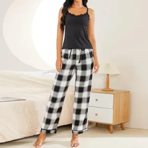 Women 2-piece pajama set black camisole and plaid long pants sleepwear casual loungewear.
