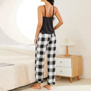 Women summer plaid camisole top and long pants pajama set casual sleepwear homewear