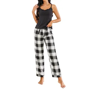 Women two-piece pajama set black camisole and plaid pants sleepwear loungewear cozy new