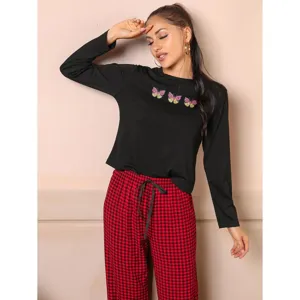 Women's long sleeve pajama set with cute butterfly print top and red plaid pants winter sleepwear