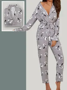 Women's grey floral plaid long sleeve pajama set with belt and lapel collar for autumn winter.