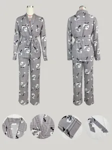 Women grey plaid long sleeve pants pajama set with belt, comfortable sleepwear home wear.