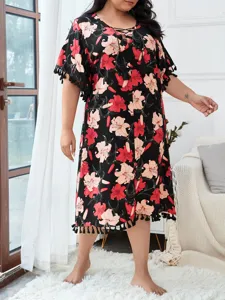 Plus Size Floral Print Short Sleeve Nightgown Summer Casual Loose Sleepwear Dress