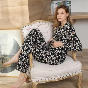 Damen Blumenmuster Langarm Schlafanzug Zweiteiliger Eleganter Hausanzug Herbst Nachtwäsche