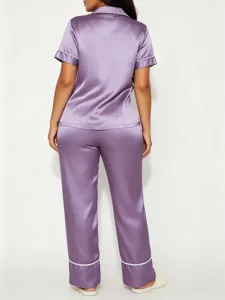 Dames satin korte mouw pyjama rug detail, zachte zijden pyjama set comfortabele kleding.