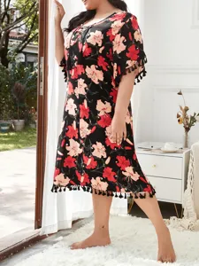 Plus size floral print short sleeve nightgown with tassel trim for comfortable summer lounging.
