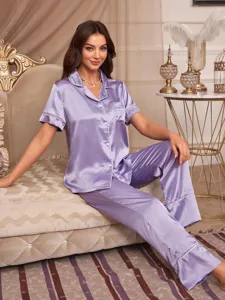 Dames zijde satijn pyjama set korte mouw top en lange broek nachtkleding elegante loungewear