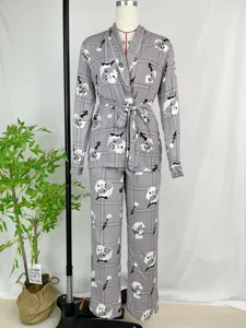 Women long sleeve pajama set grey floral plaid loungewear with belt for autumn winter
