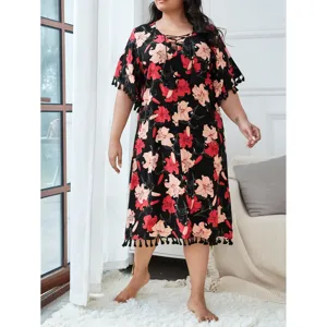 Plus size floral print short sleeve nightgown with tassel V-neck design for women summer.