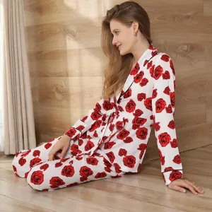 Damen Blumenmuster langarm Pyjama Set gemütliche Nachtwäsche Hausbekleidung Details.