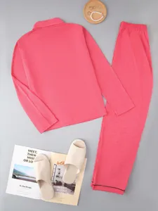 Women's pink long sleeve pajama set, casual cardigan loungewear with stylish lapel and pants.