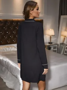 Mujer camison manga larga negro ropa de dormir casual pijama vestido de estar