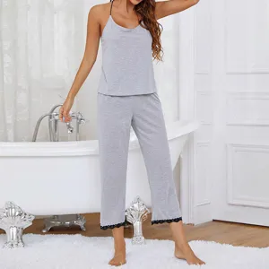 Damen einfarbig Trägershirt und lange Hosen Pyjama Set Sommer dünne Nachtwäsche Hausanzug.
