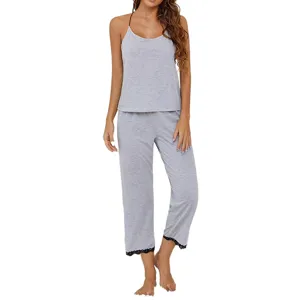 Damen Sommer Dünner Einfarbiger Träger Pyjama Hosen Zweiteiliger Satz Nachtwäsche Grau