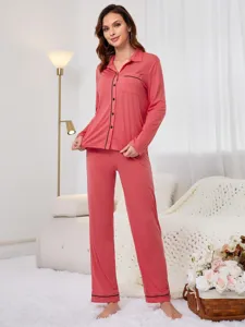 Women long sleeve pajama set casual pink sleepwear homewear with button cardigan.