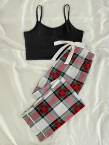Mujer verano camiseta tirantes pantalon pijama dos piezas ropa de hogar detalles