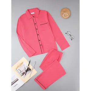 Women Long Sleeve Pajama Set Button Down Top And Bottom Cotton Blend Casual Sleepwear Loungewear For Spring Autumn