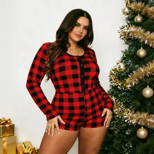 Mujeres Tallas Grandes Navidad Cuadros Rojos Negros Manga Larga Shorts Monos Poliéster Pijama Ropa de Estar por Casa