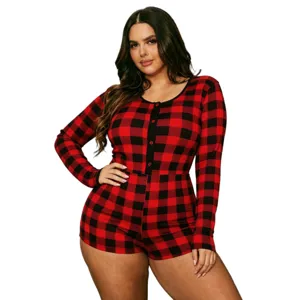Pijama mameluco corto manga larga rojo negro cuadros talla grande mujer ropa dormir