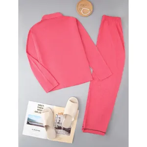 Women long sleeve pajama set pink casual sleepwear two piece loungewear suit for spring autumn