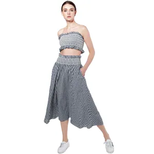 Women Bohemian Strapless Plaid Crop Top And Midi Skirt Two Piece Set Casual Sweet Summer Beach Outfit Clothing