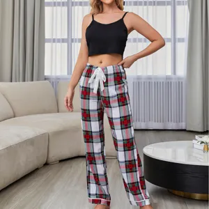 Conjunto pijama mujer dos piezas camiseta tirantes y pantalones largos cuadros principal