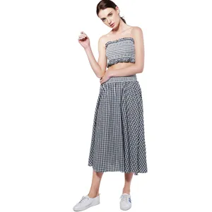Black and white gingham two piece set crop tube top and midi skirt for women vacation